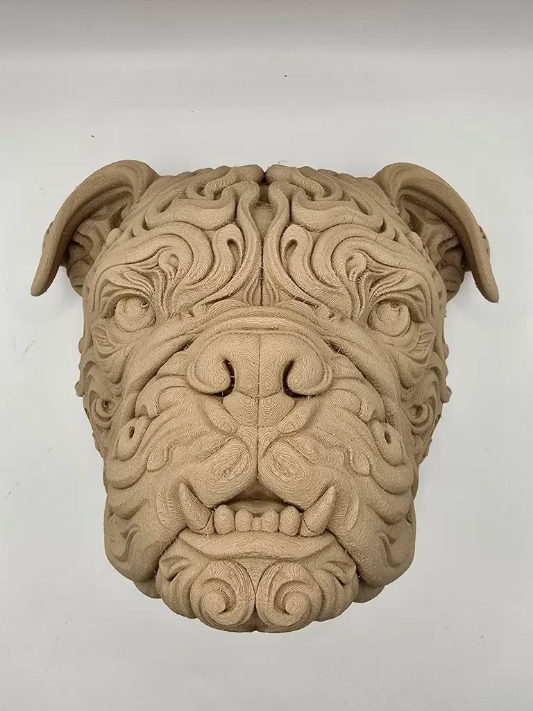 Ornate Bulldog 3D Printed Wood Wall Art - Filigree Dog Head Sculpture
