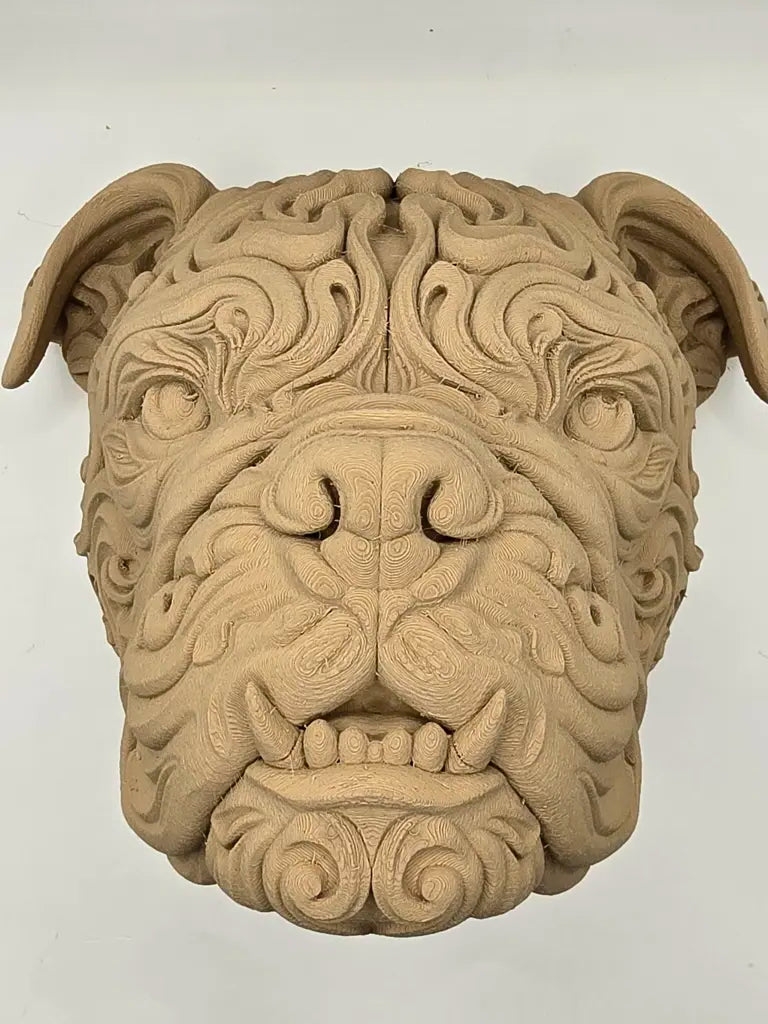 Ornate Bulldog 3D Printed Wood Wall Art - Filigree Dog Head Sculpture